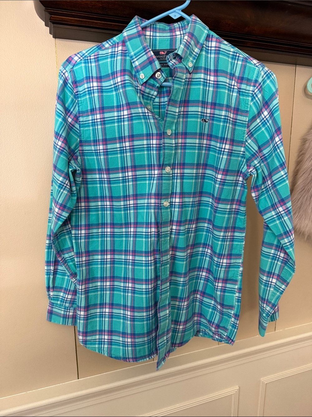 Vineyard Vines Boys Teal, Blue & Purple Plaid Button-Down Shirt size L 16